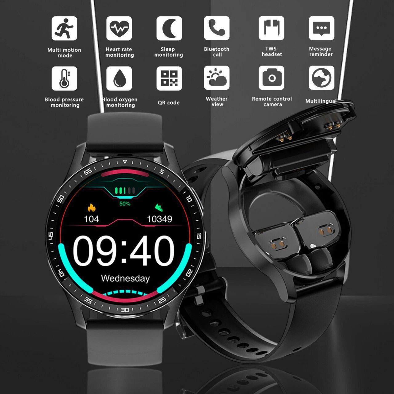 Montre connectée bluetooth, double casque combo, musique sans fil, fréquence cardiaque, exercice, sommeil, fitness, moniteur