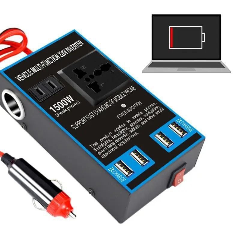 Onduleur de Voiture 1500W - Convertisseur 12V/24V à 220V avec 4 Ports USB et Prises Allume-Cigare