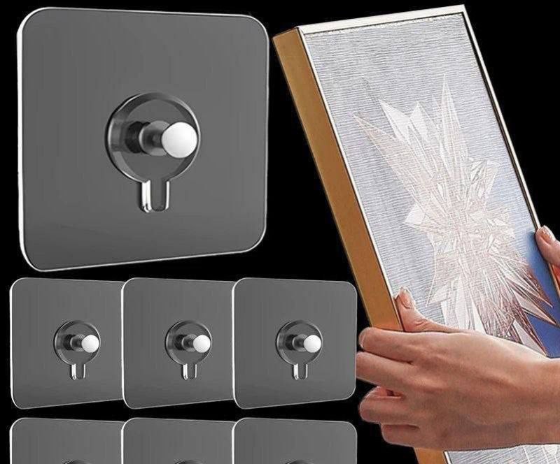 Fixation Murale Sans Percer – Lot de 6 Crochets Adhésifs Transparente, Support Cadre Photo, Horloge, Affiche – Résistant & Étanche