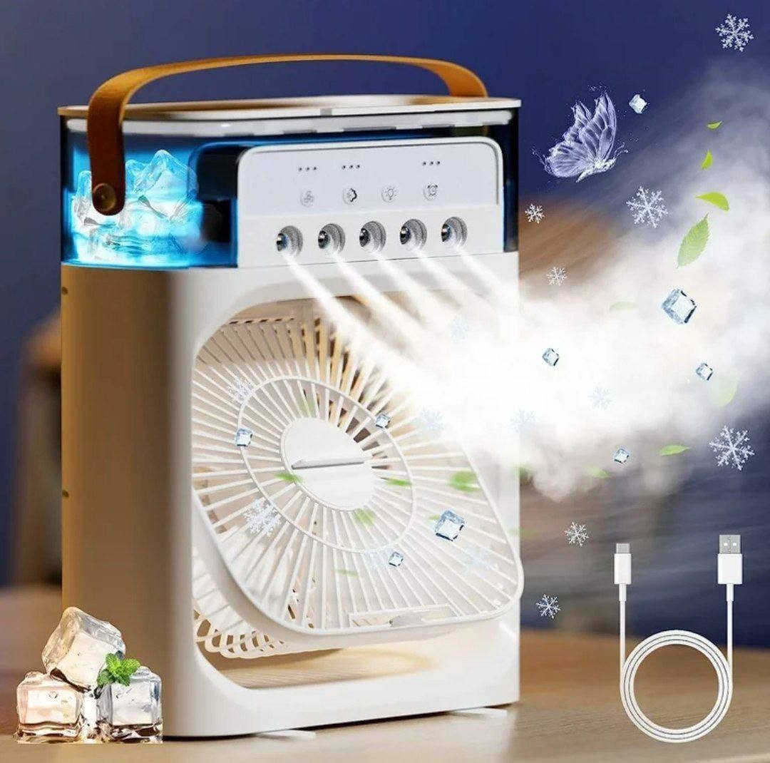 Climatiseur Portable 4-en-1 avec Humidificateur, Ventilateur, Veilleuse et Réservoir – USB, Rechargeable, Silencieux