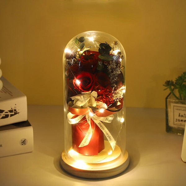 Fleur éternelle brillante comme cadeau de la Saint-Valentin, rose la belle et la bête dans un verre, guirxiété lumineuse bretonne, cadeau pour mère, fleurs, décoration d'intérieur