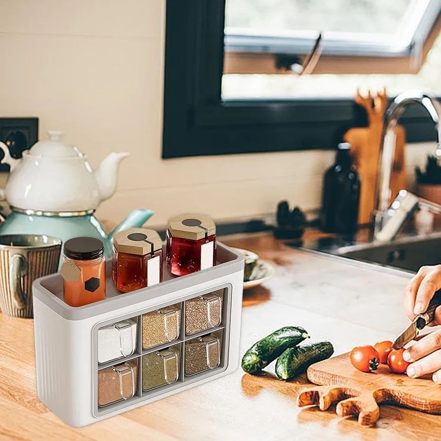 Set de 6 Pots à Épices avec Support – Couvercles Hermétiques et Poignées Pratiques