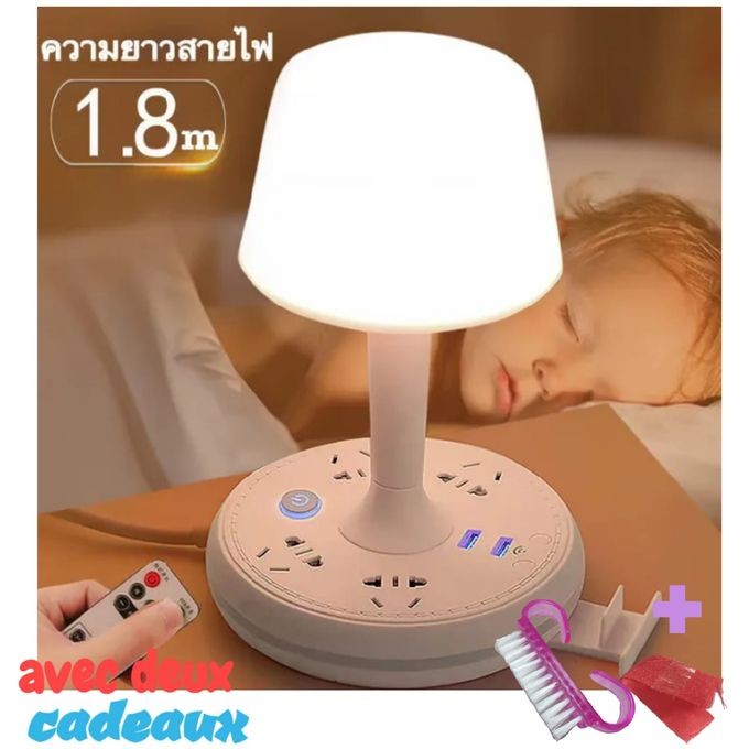 Lampe de table multifonctionnelle avec télécommande, 4 prises , 2 prises USB et support de téléphone portable