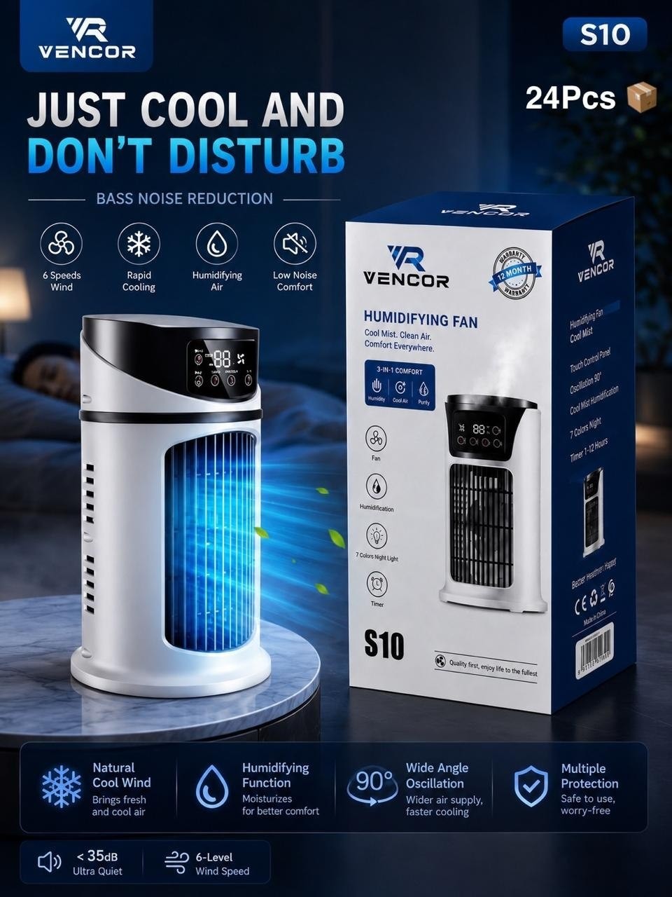 Mini Climatiseur USB Portable avec Brumisation – Ventilateur Refroidisseur d’Air 6 Vitesses, Réservoir 300 ml et Veilleuse LED