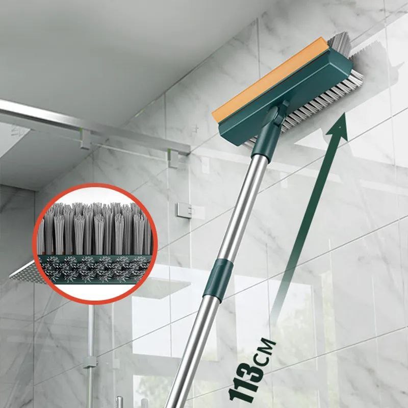 Brosse à récurer les sols avec manche long réglable, grattoir multifonctionnel, poils élaborées, rotation à 45 °, 44 po, 3 en 1
