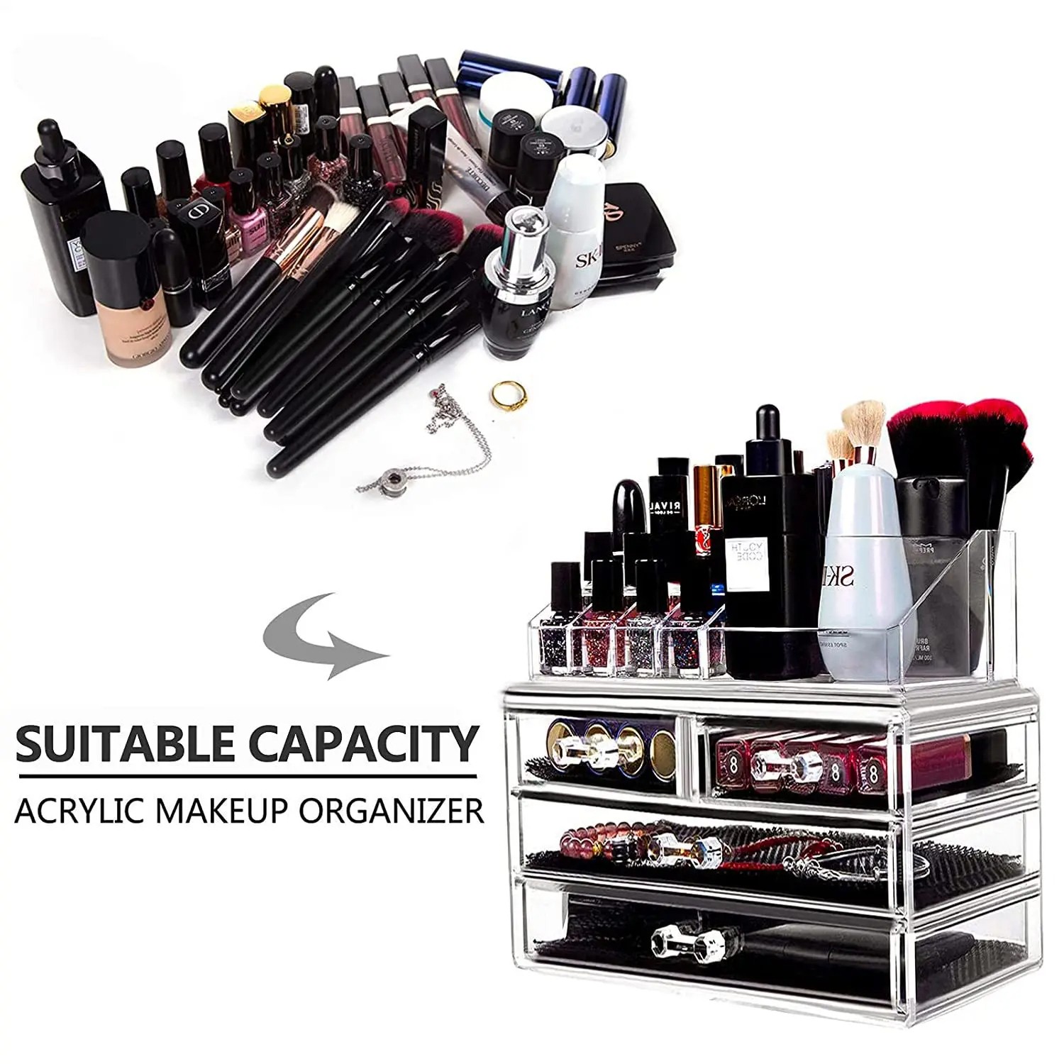 Organisateur de maquillage en acrylique, tiroirs de rangement de cosmétiques et boîte de présentation de bijoux avec porte-brosse