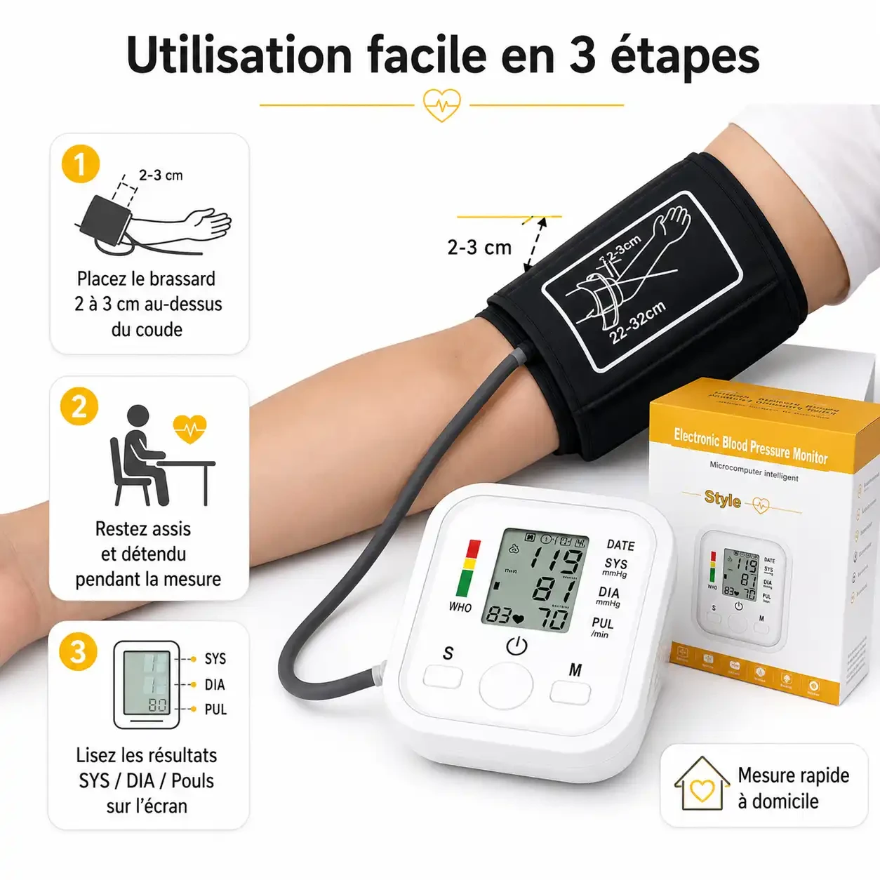 Tensiomètre Numérique Automatique de Bras – Écran LCD, Détection des Battements Irréguliers, Mesure Rapide et Précise