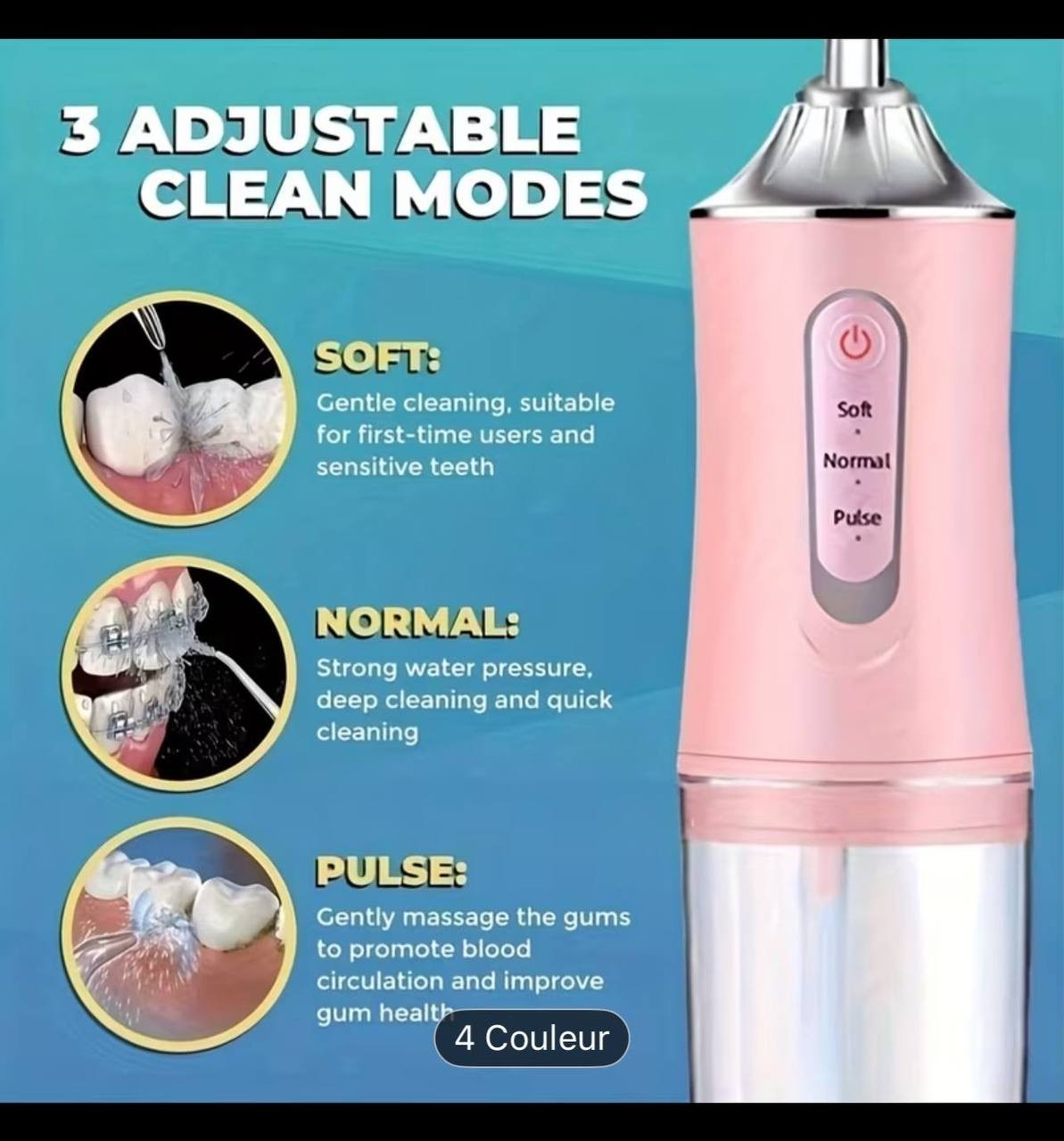 Hydropulseur Manuel à Haute Pression Pour la Maison et le Voyage, Nettoyeur de Dents étanche Hydropulseur Dentaire 3 Modes et 4 Buses