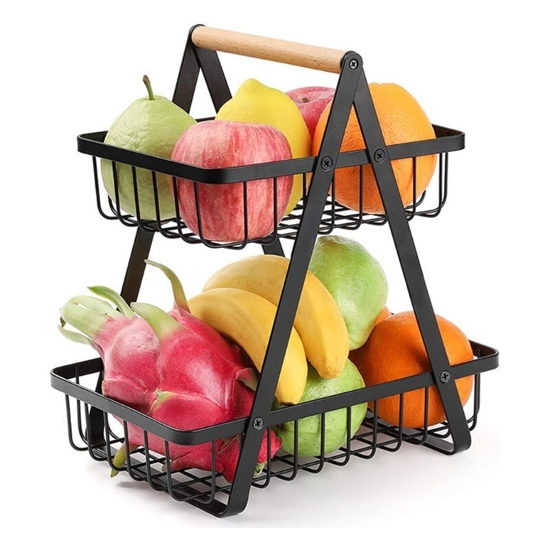 Grand panier de fruits en métal à 2 niveaux, étagère de rangement portable T1 pour fruits, panier de camping, rangement de cuisine domestique